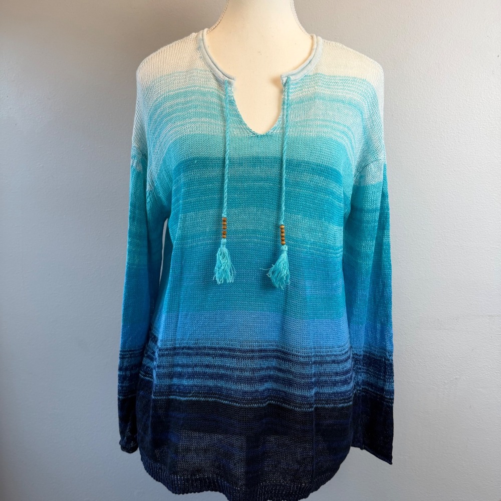 J. Jill Women Blue Ombre 100% Linen Knit Tassel Tie Sweater Medium Swim Beach